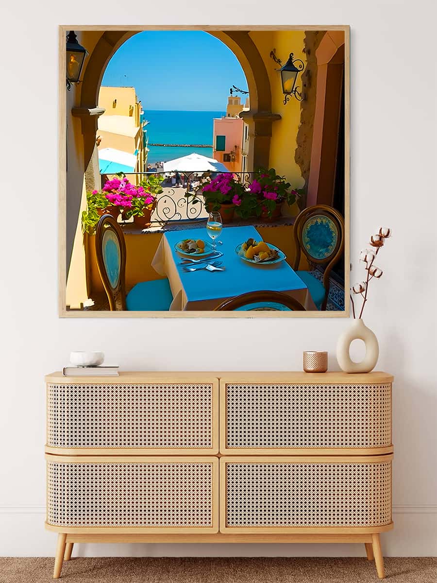 Diamond painting cozy breakfast by the sea, paint by numbers kit displaying a scenic seaside meal on a balcony with vibrant colors.