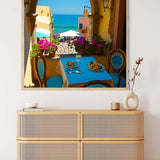 Diamond painting cozy breakfast by the sea, paint by numbers kit displaying a scenic seaside meal on a balcony with vibrant colors.