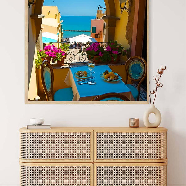Diamond painting cozy breakfast by the sea, paint by numbers kit displaying a scenic seaside meal on a balcony with vibrant colors.