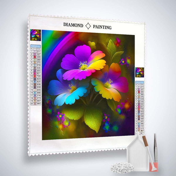 AB Diamond Painting Magic Flowers Frontal with Paint by Numbers kit, including professional canvas, enhanced acrylic diamonds, tweezers, and application pen.