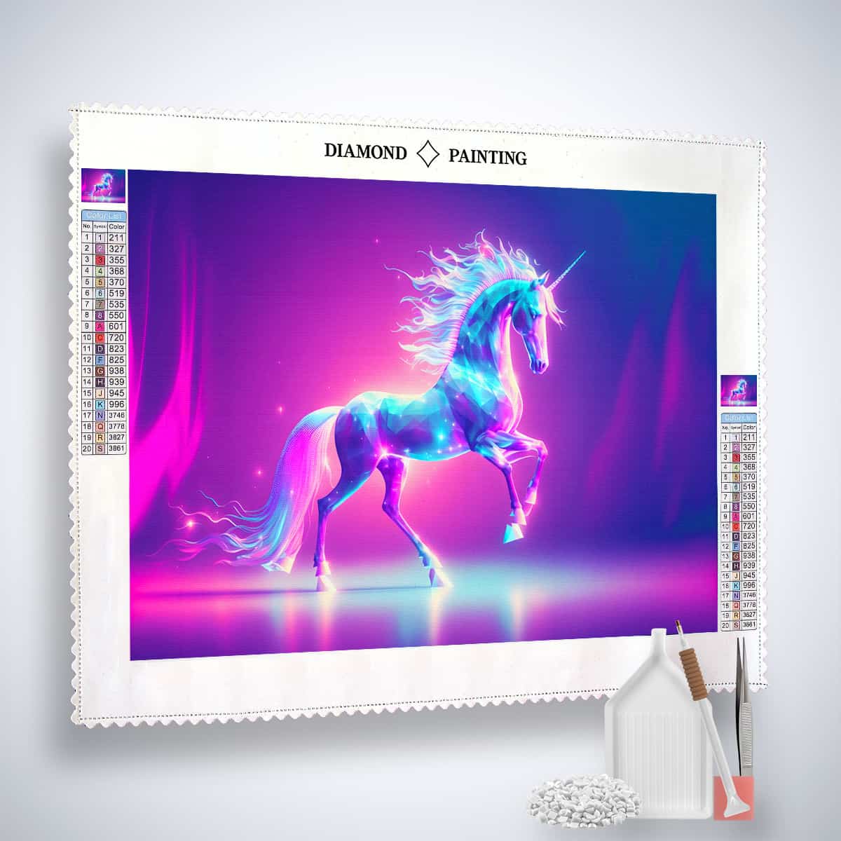 AB Diamond Painting kit with a vibrant unicorn design in sparkling acrylic diamonds, including canvas, tweezers, and professional application tools