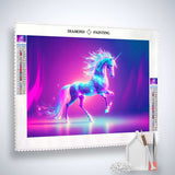 AB Diamond Painting kit with a vibrant unicorn design in sparkling acrylic diamonds, including canvas, tweezers, and professional application tools