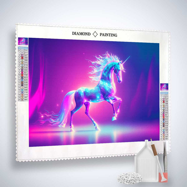 AB Diamond Painting kit with a vibrant unicorn design in sparkling acrylic diamonds, including canvas, tweezers, and professional application tools