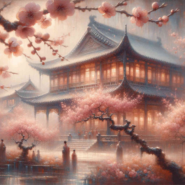 House surrounded by peach tree flowers - Paint by Numbers