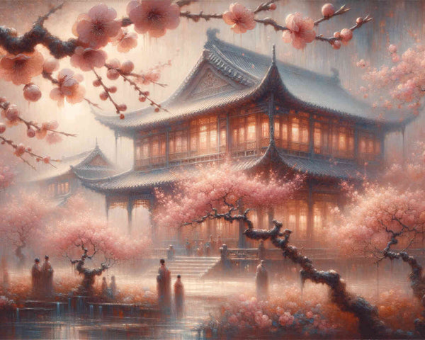 House surrounded by peach tree flowers - Paint by Numbers