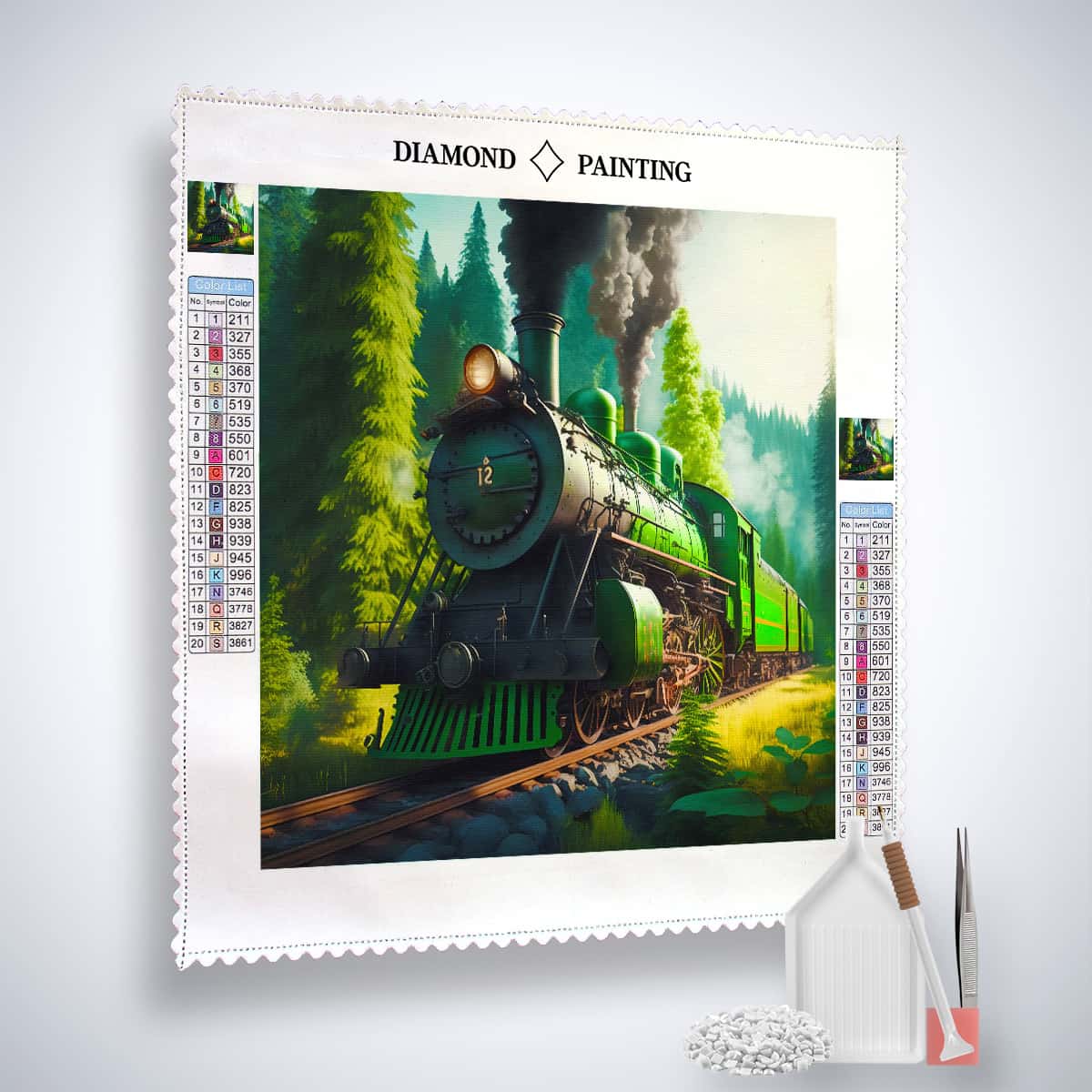 Diamond Painting Kit featuring a green train in a forest, includes canvas, acrylic diamonds, tweezers, and an application pen. Paint by Numbers art.