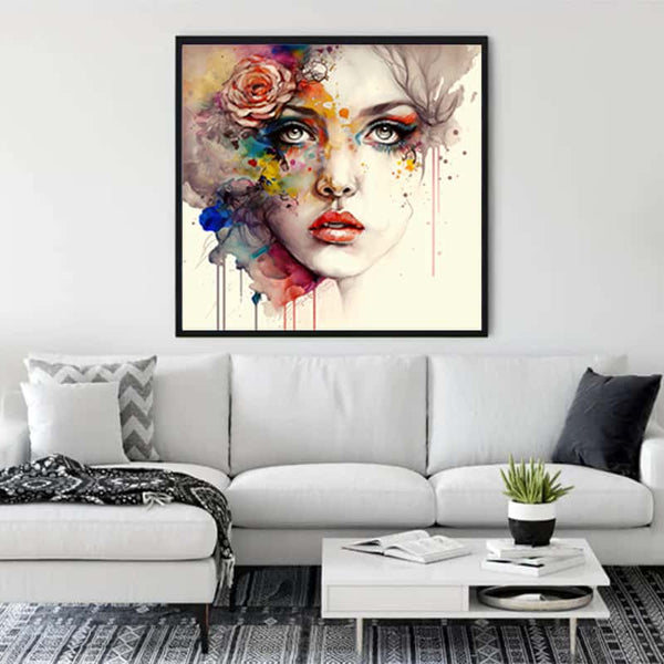 Modern living room with a colorful diamond painting of a woman's face on the wall above a white couch