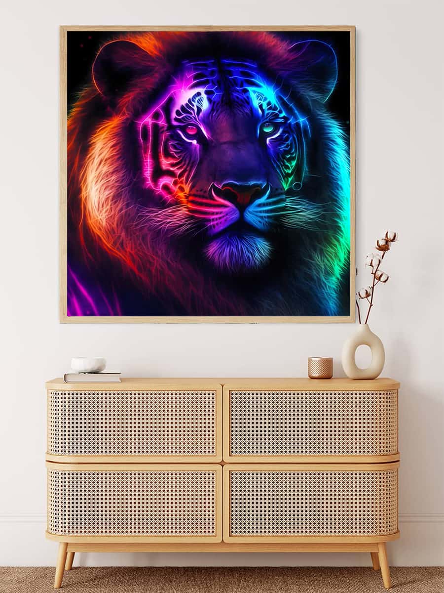 Vibrant lion diamond painting with evil eye design displayed above a wooden dresser.