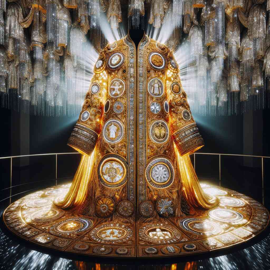 Paint by Numbers - Magnificent Elegance: opulent gold coat with jewels on black mannequin, glowing with light, luxurious and divine.