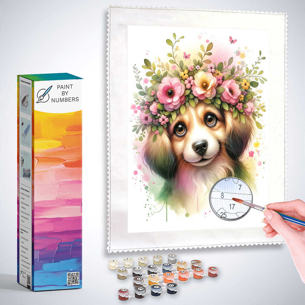 Paint by Numbers - Dog, flower wreath