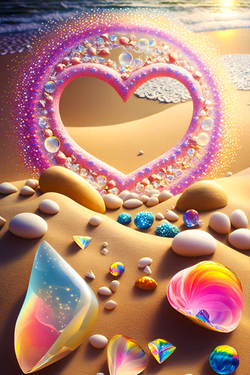 Diamond painting heart design on a beach with colorful acrylic diamonds, perfect for paint by numbers enthusiasts.