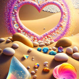 Diamond painting heart design on a beach with colorful acrylic diamonds, perfect for paint by numbers enthusiasts.