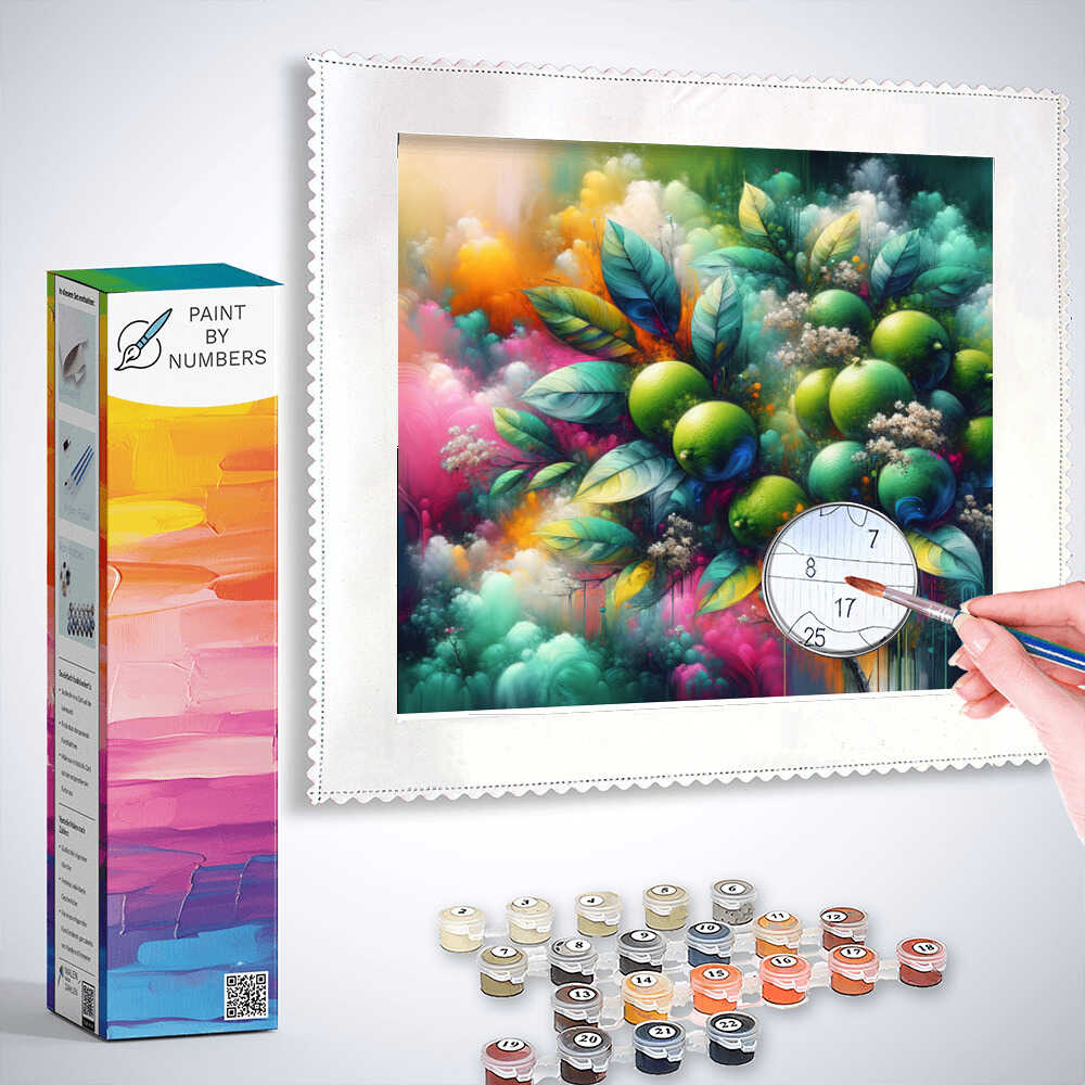 Paint by Numbers kit with vibrant abstract artwork of limes and leaves, colorful paint pots, and a hand painting a section on canvas.