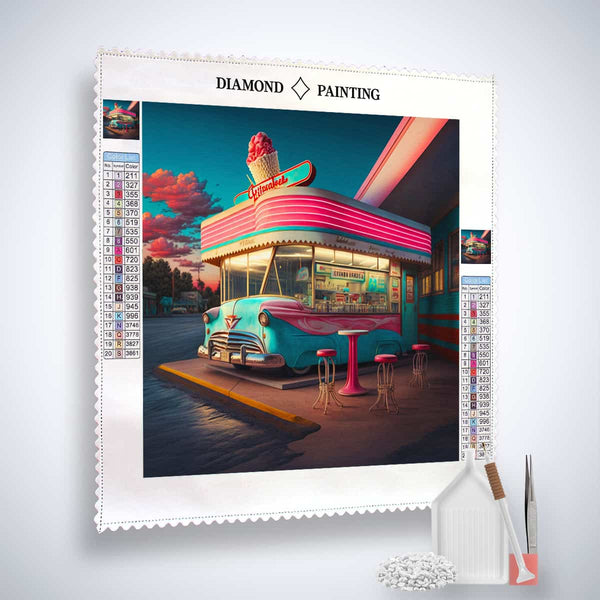 Diamond painting kit featuring a historical gas pump and car legend with professional canvas and enhanced acrylic diamonds. Paint by Numbers.