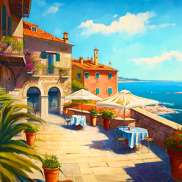 Diamond Painting - Terrace by the sea, vibrant seaside terrace landscape with tables, umbrellas, and ocean view, Paint by Numbers Kit