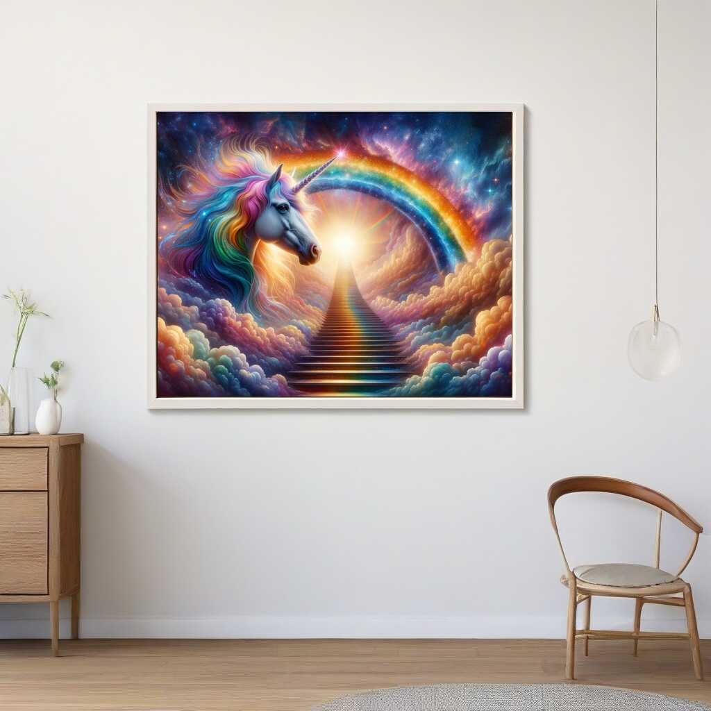 Paint by Numbers - Rainbow unicorn in front of stairs to the rainbow