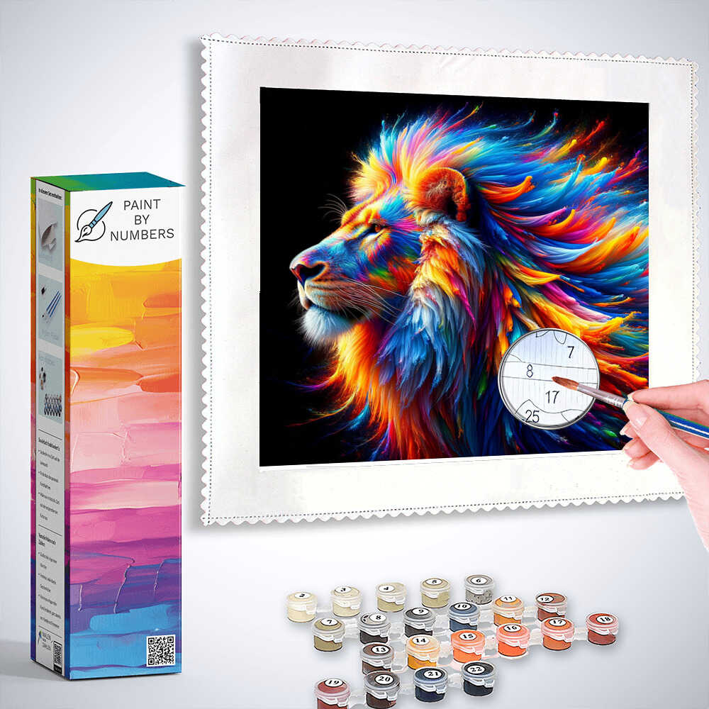 Paint by Numbers kit for painting a majestic lion with vibrant colors, featuring blues, reds, and yellows in an expressive, surreal style.