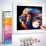 Paint by Numbers kit for painting a majestic lion with vibrant colors, featuring blues, reds, and yellows in an expressive, surreal style.