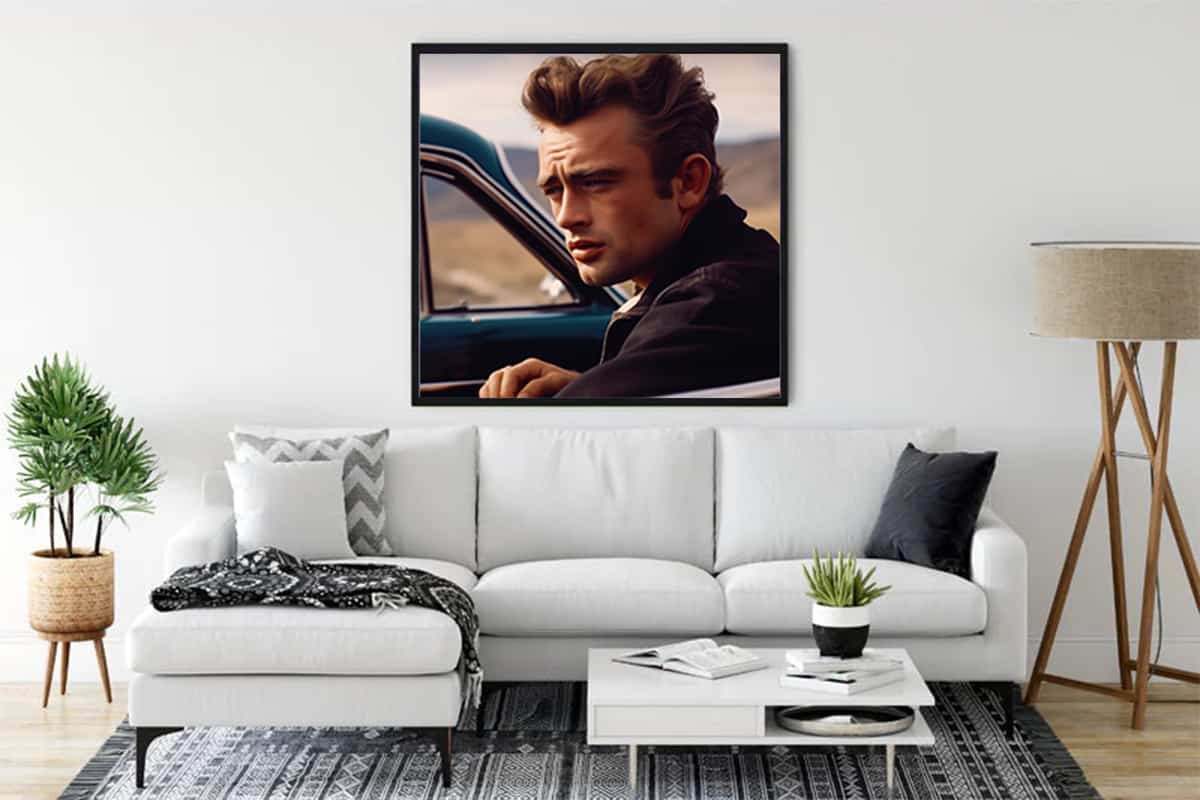 Diamond Painting of James Dean hanging in a stylish living room, offering a sparkling paint by numbers art experience.