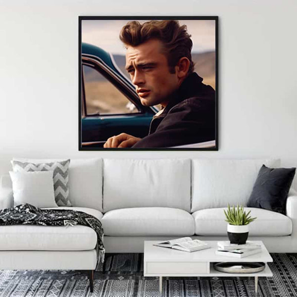 Diamond Painting of James Dean hanging in a stylish living room, offering a sparkling paint by numbers art experience.