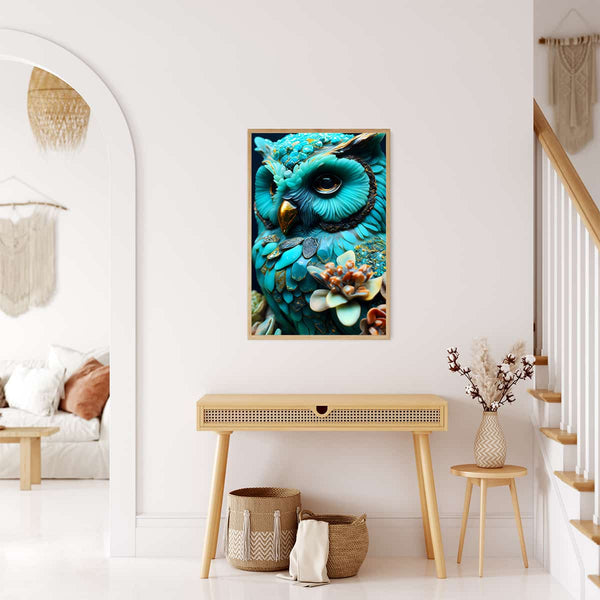 Turquoise owl diamond painting displayed in a minimalist living room interior with a modern console table and decorative baskets.