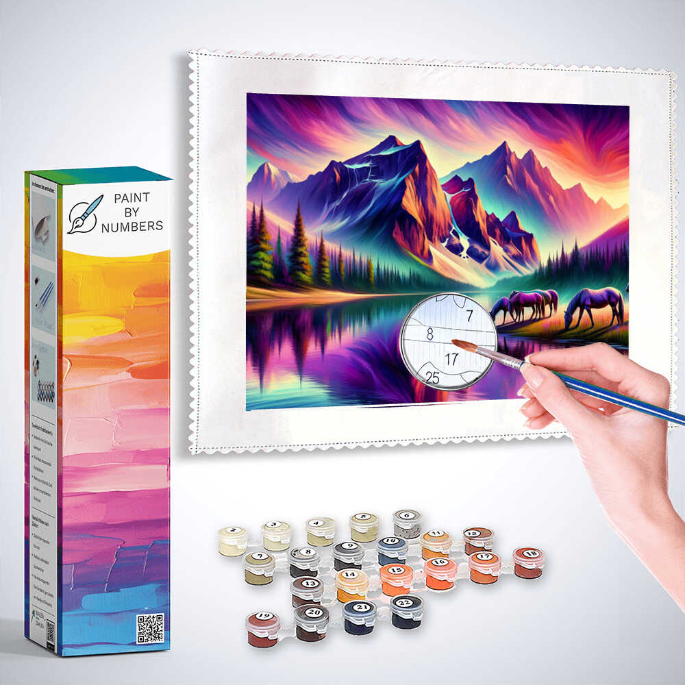 Paint by Numbers - Horses at mountain lake