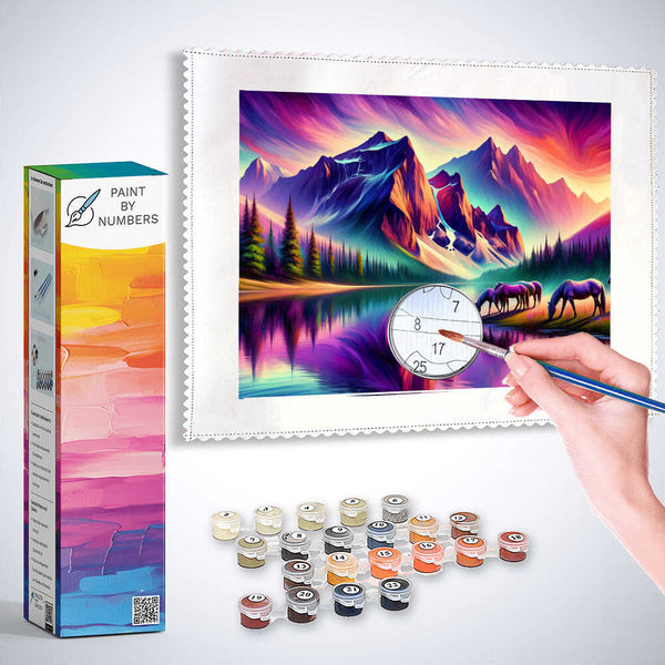 Paint by Numbers - Horses at mountain lake