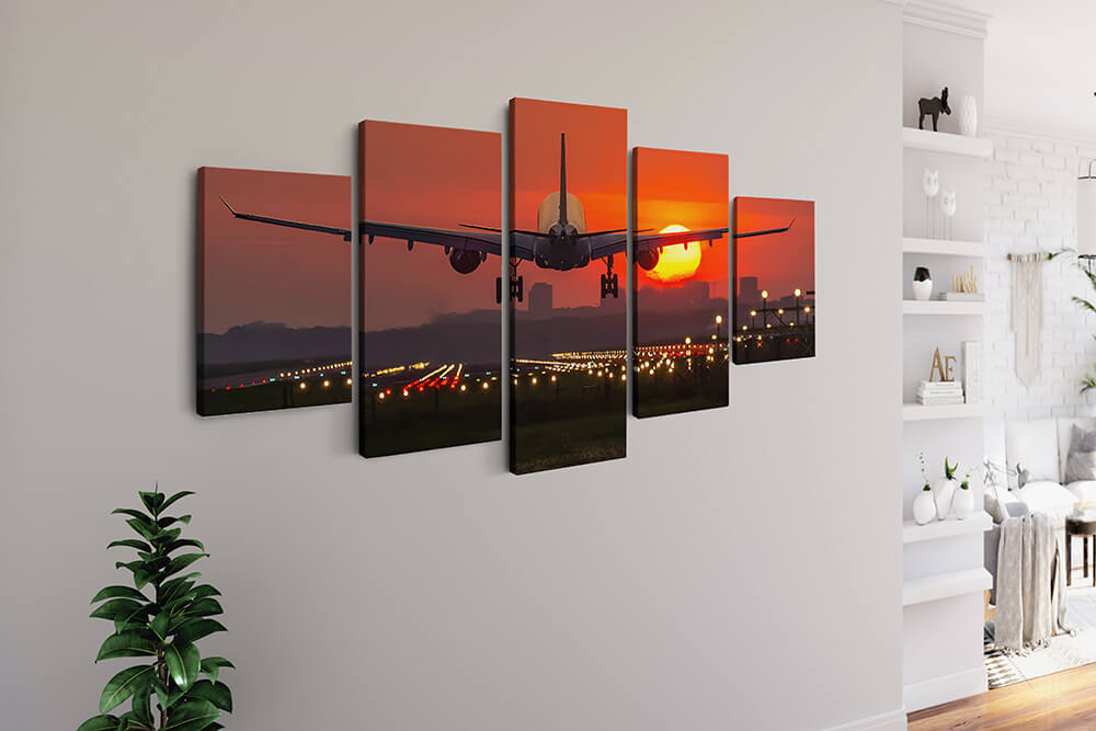 Malen nach Zahlen 5 teilig - Flugzeug hebt ab in den Sonnenuntergang - hochwertige Leinwand - multi5, neue_bilder