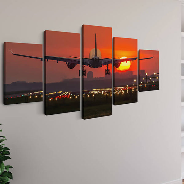 Malen nach Zahlen 5 teilig - Flugzeug hebt ab in den Sonnenuntergang - hochwertige Leinwand - multi5, neue_bilder