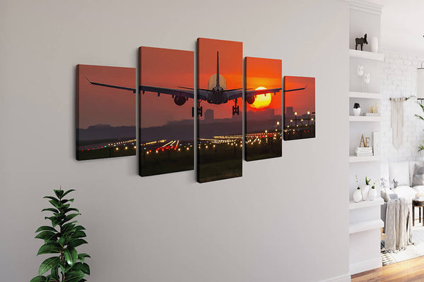 Malen nach Zahlen 5 teilig - Flugzeug hebt ab in den Sonnenuntergang - hochwertige Leinwand - multi5, neue_bilder