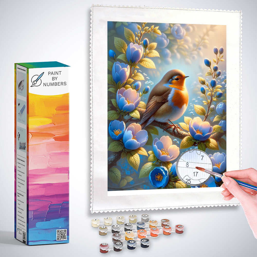Paint by Numbers - Robin, blue flowers