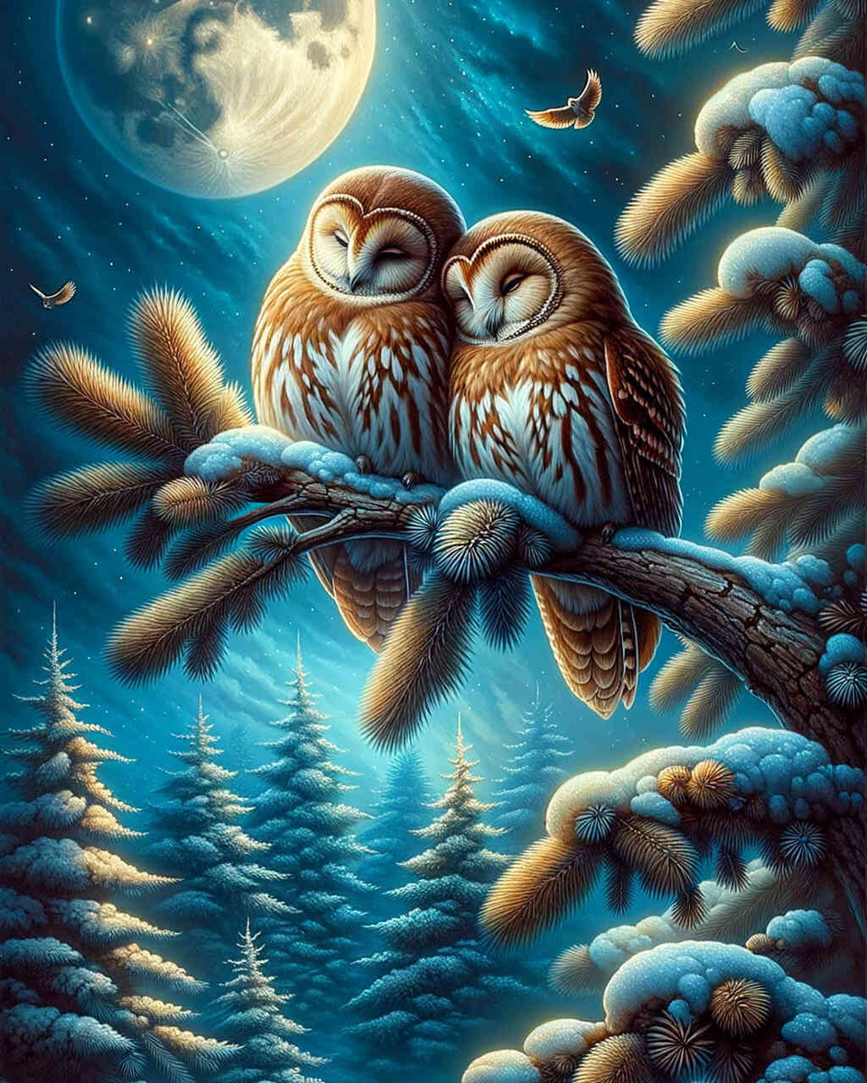 Paint by Numbers - Owl Couple on Fir Branch