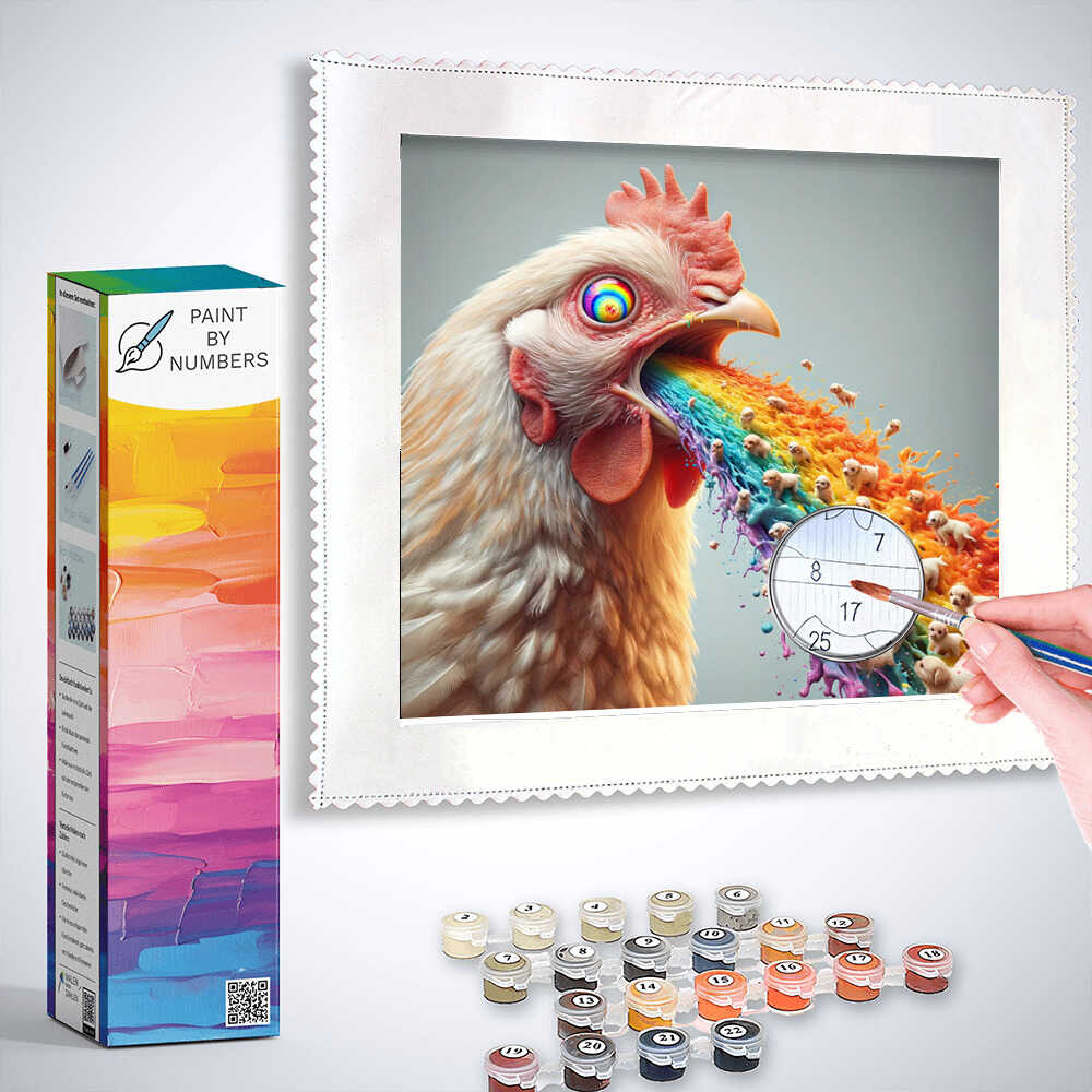 Paint by Numbers rooster spewing vibrant rainbow colors surrounded by playful dogs, an expressive and surreal modern artwork.