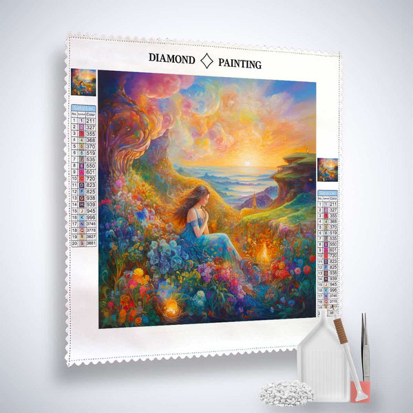 Diamond Painting - Dreamy beauty in the greenery, paint by numbers kit with canvas, acrylic diamonds, tweezers, and application pen.