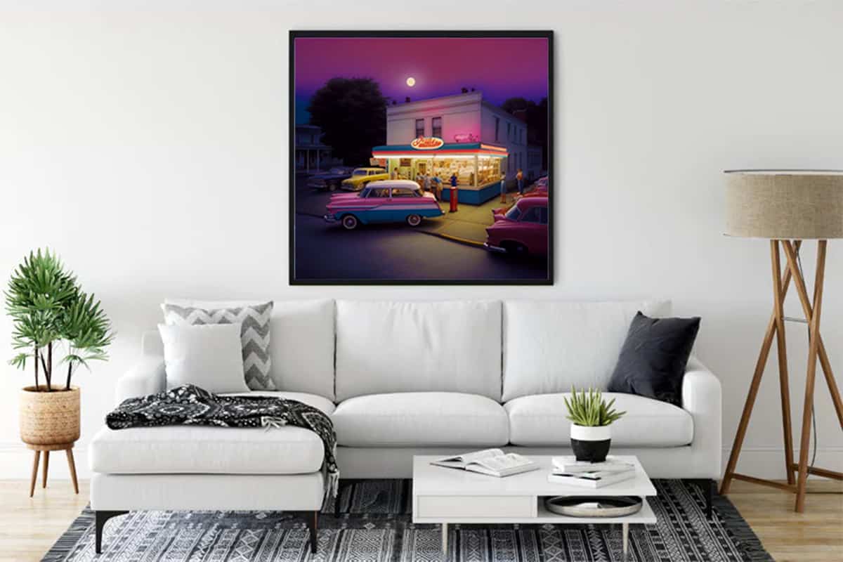 Diamond Painting of a vintage gas station scene displayed on a modern living room wall. Paint by Numbers art kit.