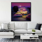 Diamond Painting of a vintage gas station scene displayed on a modern living room wall. Paint by Numbers art kit.