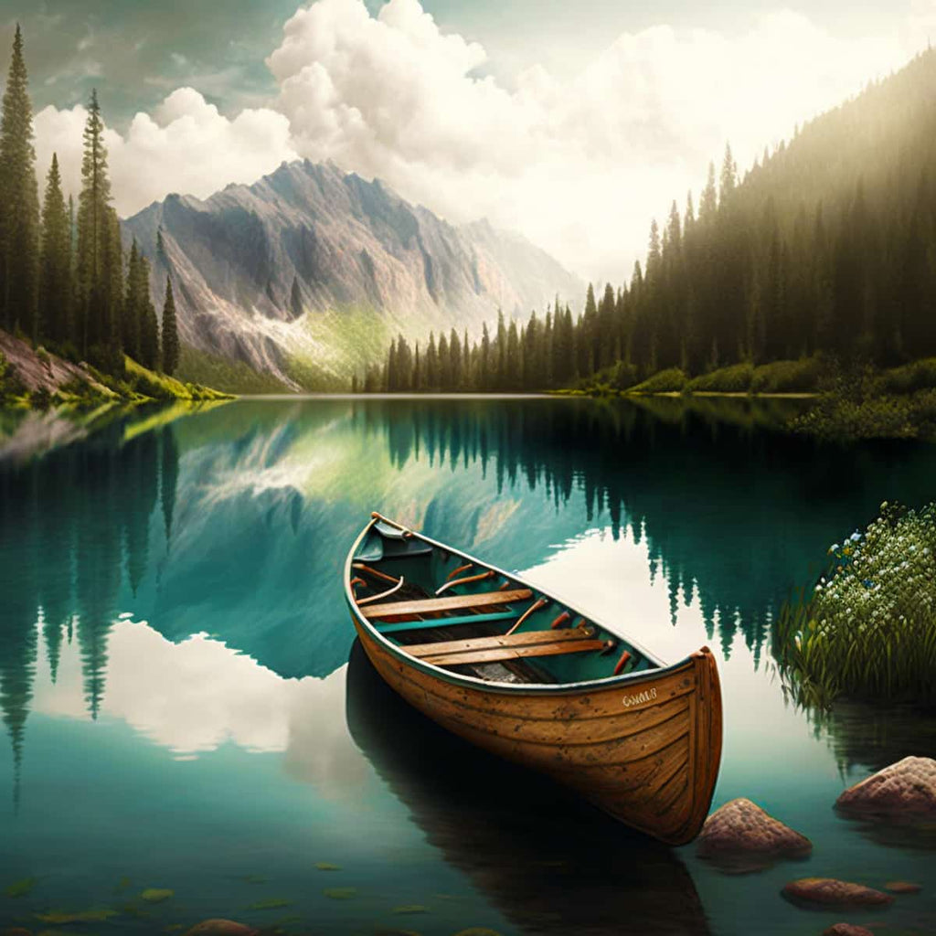 Diamond Painting - Three boats in mountain lake, paint by numbers kit with sparkling acrylic diamonds, professional canvas, and tools.