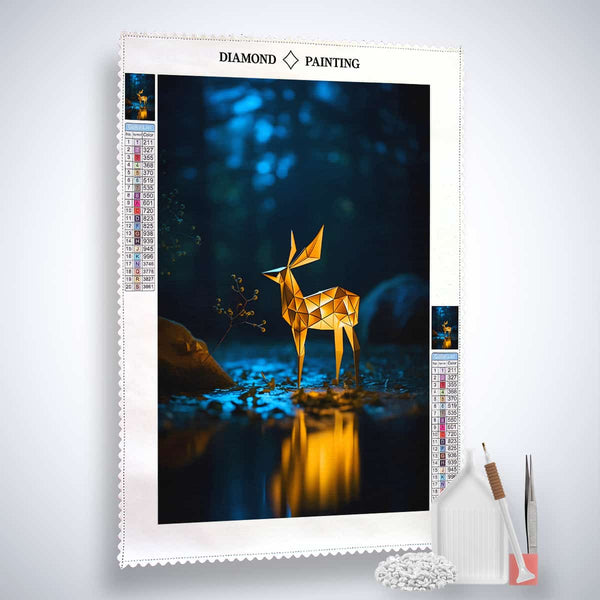 AB Diamond Painting – Glowing Deer in the Night, Paint by Numbers kit with canvas, acrylic diamonds, tweezers, and application pen.
