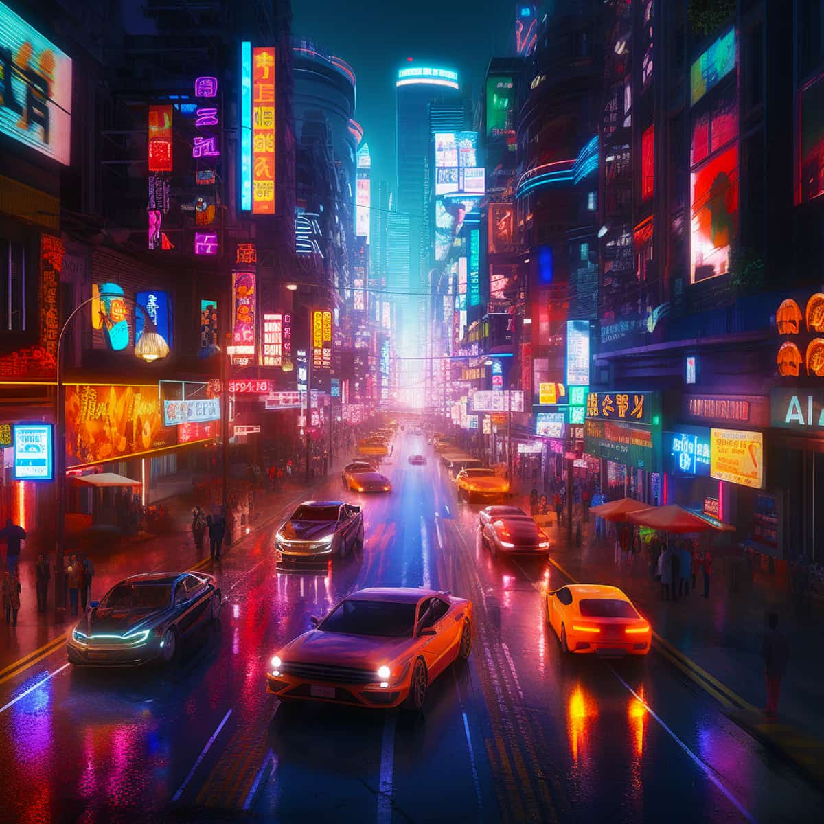 Neon-lit cityscape at night with colorful billboards and cars, perfect for diamond painting and paint by numbers projects.