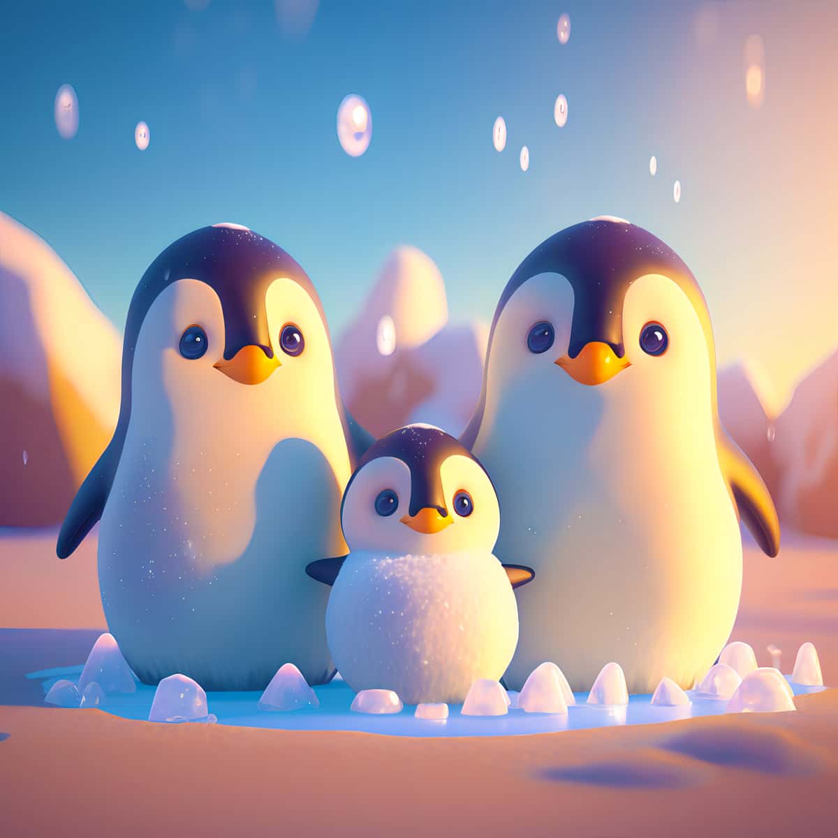 Adorable penguin family in snowy landscape, part of the Diamond Painting Kit for Paint by Numbers, featuring sparkling acrylic diamonds.