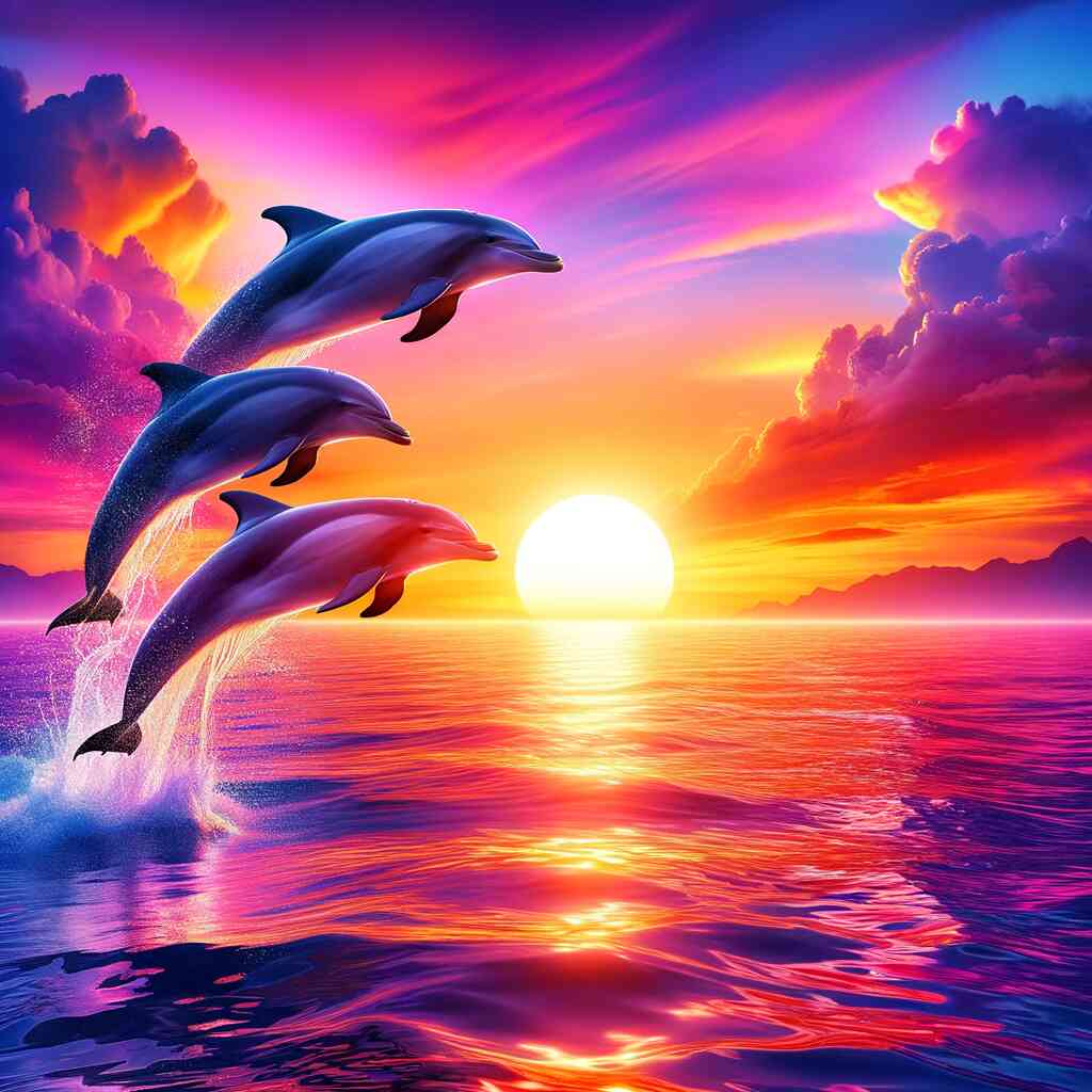 Paint by Numbers - Dance of the Ocean featuring three dolphins leaping against a vivid purple and pink sunset over a glassy sea.