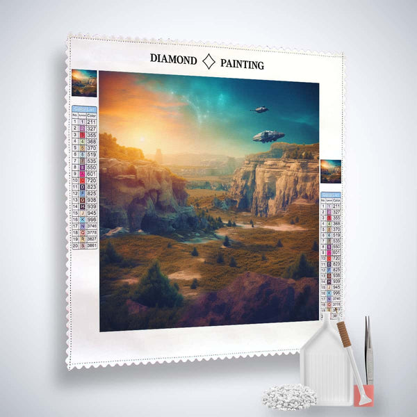 Diamond Painting Fantasy Landscape Green kit with professional canvas, acrylic diamonds, artist's tweezers, and application pen. Paint by Numbers.