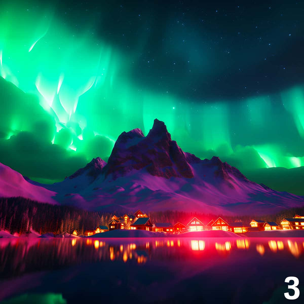 Northern Lights over a snowy cityscape with a mountain backdrop, part of AB Diamond Painting Kits – Art that Sparkles Paint by Numbers.