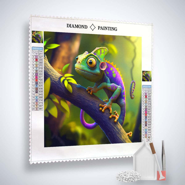 Diamond Painting Kit - Green Chameleon Design on Canvas with Paint by Numbers Tools, Acrylic Diamonds, and Application Pen.