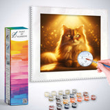 Paint by Numbers - Sun Sparks Velvet Paw showing a majestic cat with amber eyes, golden halo, and warm luminous colors.