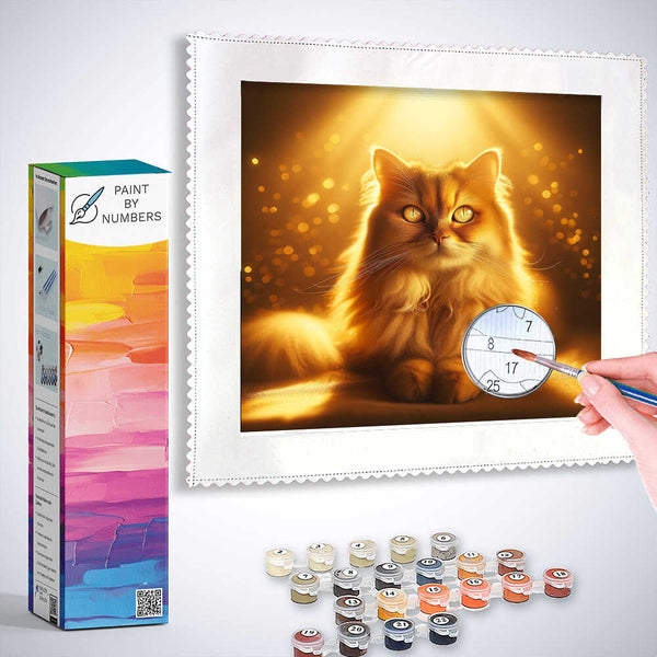 Paint by Numbers - Sun Sparks Velvet Paw showing a majestic cat with amber eyes, golden halo, and warm luminous colors.