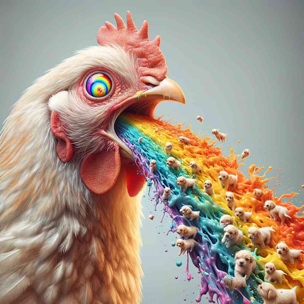 Paint by Numbers surreal rooster spewing vibrant rainbow with playful dogs, an explosion of color and imagination.