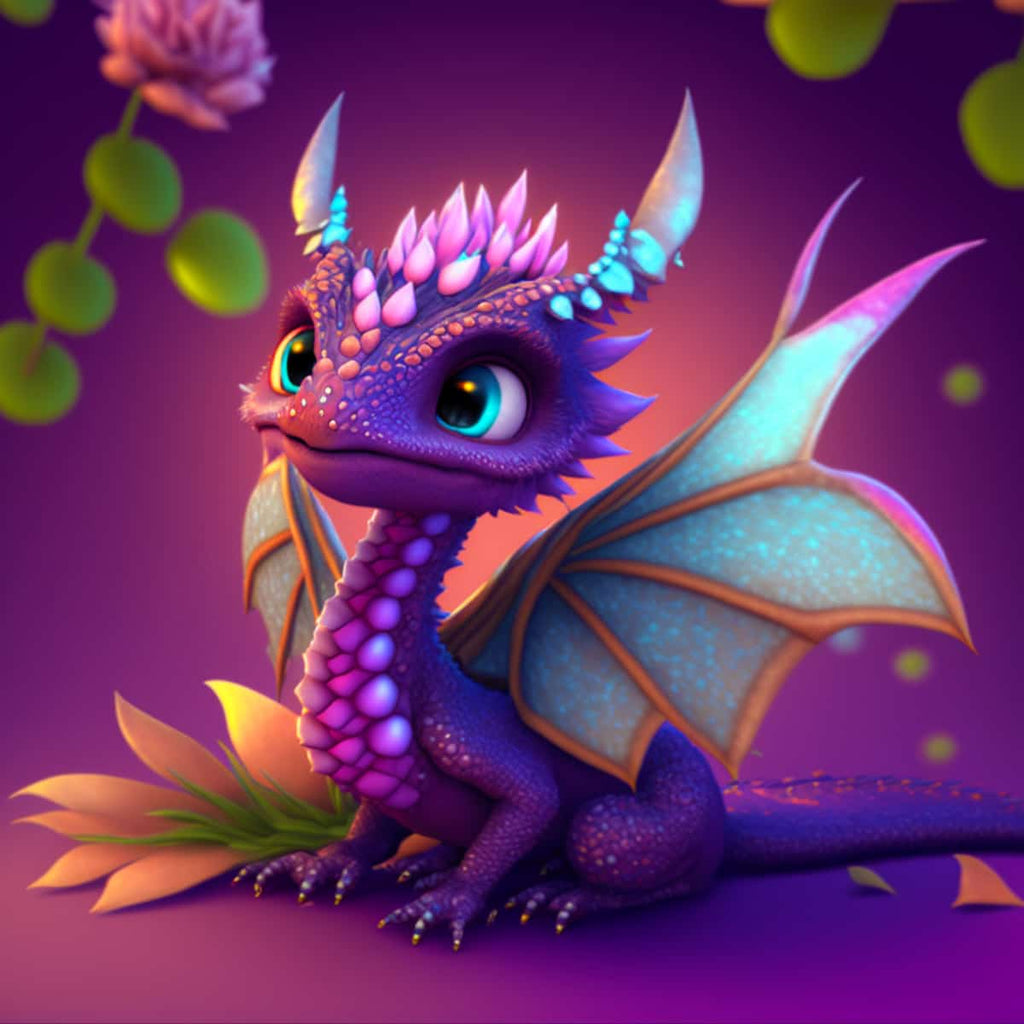 Cute purple baby dragon with glowing wings and sparkling eyes sitting on a colorful flower in a fantasy scene.