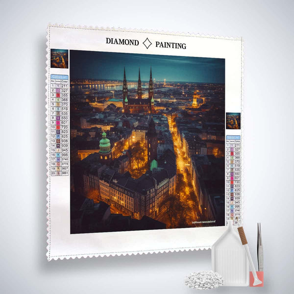Diamond Painting Kit of Hamburg by night cityscape with acrylic diamonds, tweezers, and professional application pen. Paint by Numbers.