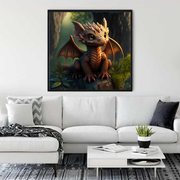 Diamond Painting - Elementarwächter hanging above a modern white sofa in a stylish living room